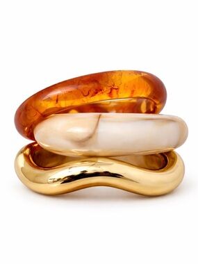 Stacked Resin and Metal Bangle Set - Amber, Cream, Gold